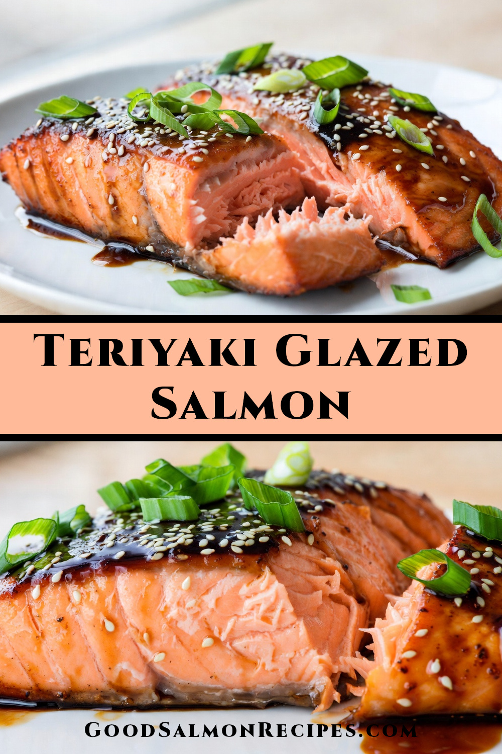 Teriyaki Glazed Salmon Fillets with glossy homemade sauce, sesame seeds and green onions on white plate - easy 30 minute salmon recipe