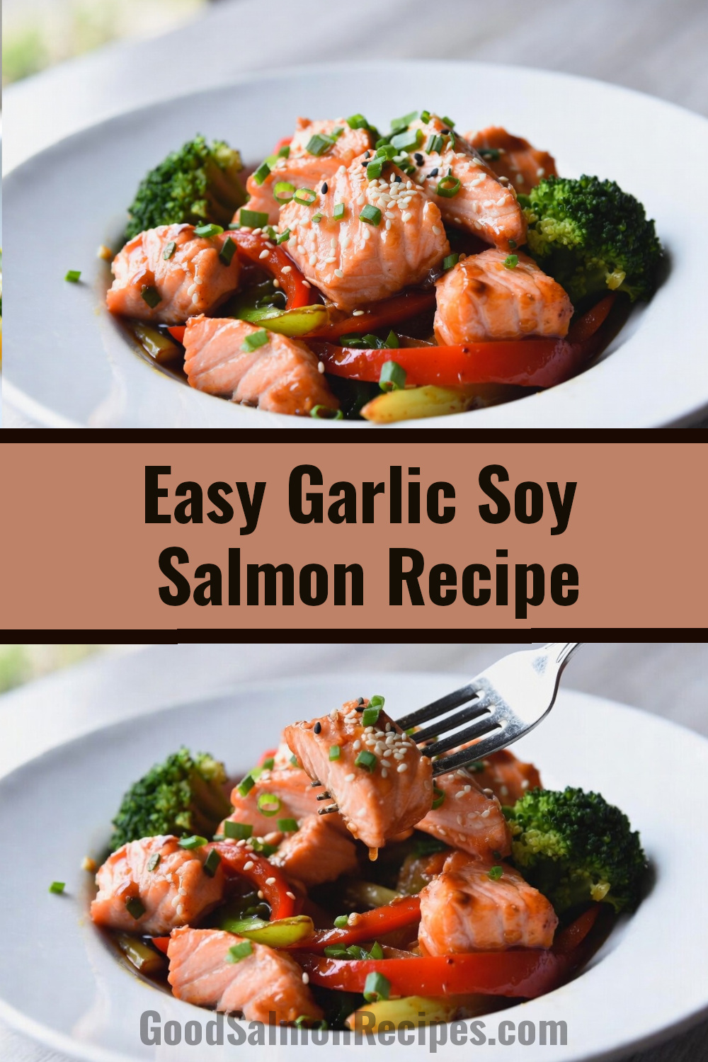 Garlic soy salmon stir-fry with tender salmon chunks, broccoli, red bell pepper, and snap peas in a glossy sauce, garnished with sesame seeds and green onions in a white bowl.