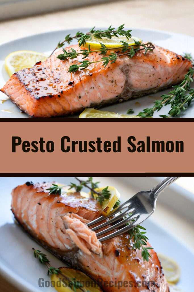 Beautifully cooked pesto crusted salmon. 