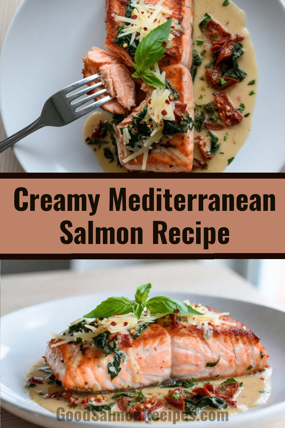  Golden seared salmon fillet in a creamy Parmesan sauce with wilted spinach and sun-dried tomatoes in a white skillet, garnished with fresh basil leaves and red pepper flakes.